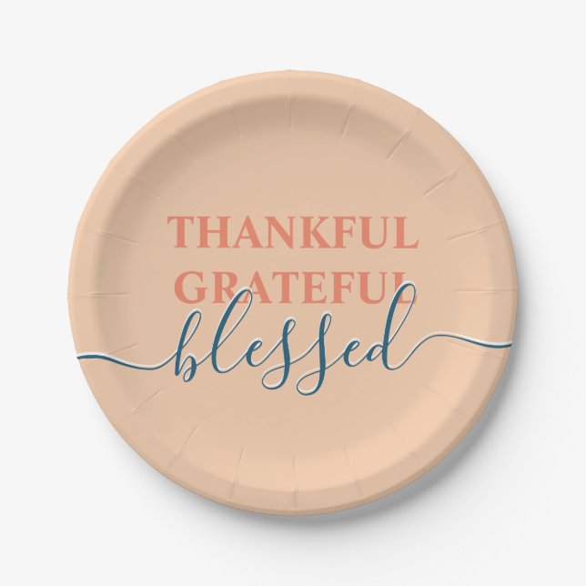 Elegant orange thankful grateful blessed paper plate (Front)