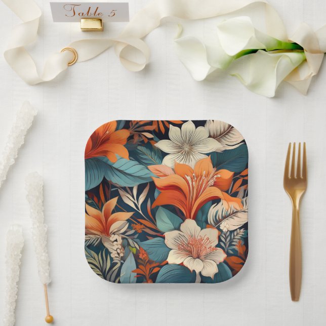 Elegant Orange Turquoise Flower Pattern Floral  Paper Plate (Wedding)
