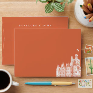 Elegant Orange Vintage Castle Illustration Wedding Envelope