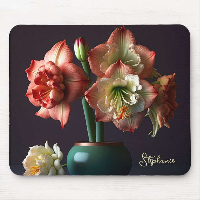 Elegant Orange White Amaryllis Flower Mouse Mat (Front)