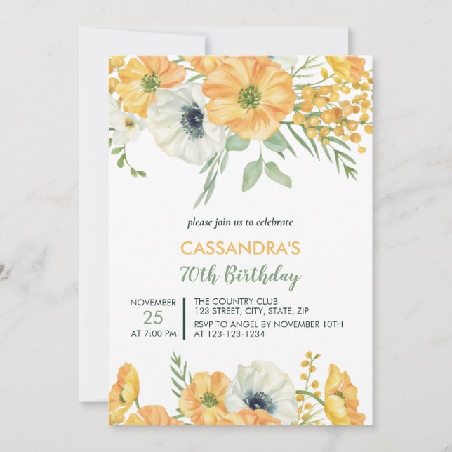 Elegant Orange & White Anemone Floral Birthday  Invitation (Front)