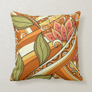 Elegant Orange White Flowers And Swirl Cushion