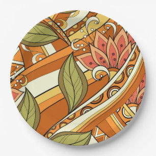 Elegant Orange White Flowers And Swirl Floral Paper Plate