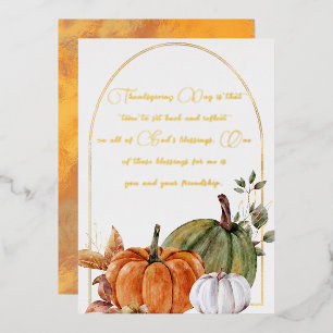 Elegant Orange White Green Pumpkins Gold Script Foil Holiday Card