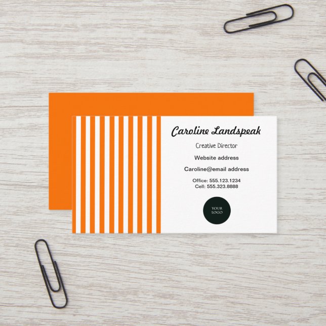 Elegant Orange & White Stripes with Logo Business Card (Front/Back In Situ)