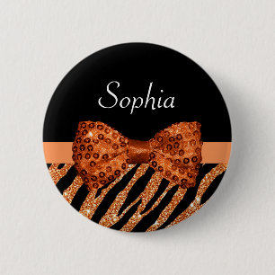 Elegant Orange Zebra Print FAUX Glitz Bow and Name 6 Cm Round Badge