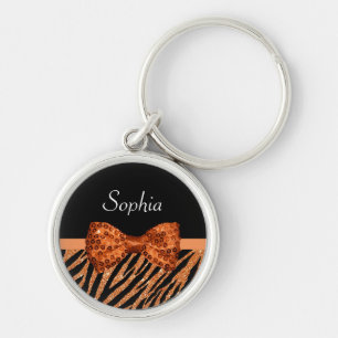 Elegant Orange Zebra Print FAUX Glitz Bow and Name Key Ring