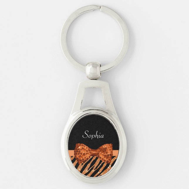 Elegant Orange Zebra Print FAUX Glitz Bow and Name Key Ring (Front)