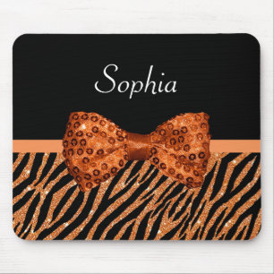 Elegant Orange Zebra Print FAUX Glitz Bow and Name Mouse Mat