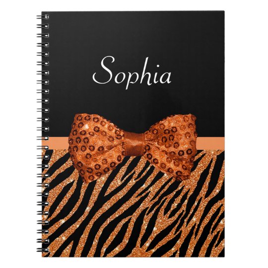Elegant Orange Zebra Print FAUX Glitz Bow and Name Spiral Notebook