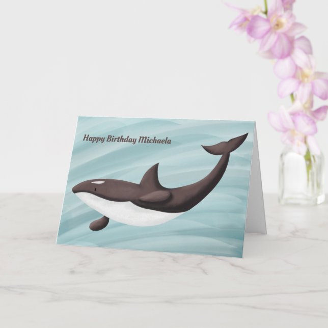 Elegant Orca Swimming Personalised Birthday Card (Orchid)