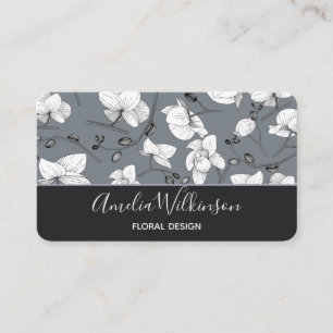Elegant orchid black & white floral delicate grey business card