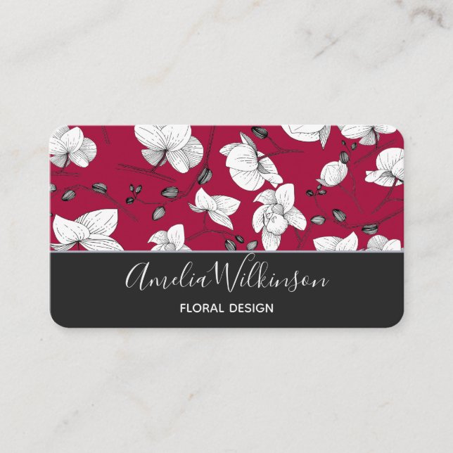 Elegant orchid black white modern floral burgundy business card (Front)
