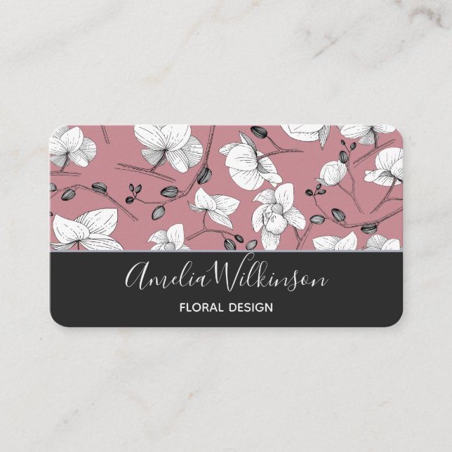 Elegant orchid black white modern floral old pink business card (Front)