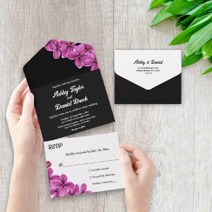 Elegant Orchid Flower Black Summer Floral Wedding All In One Invitation