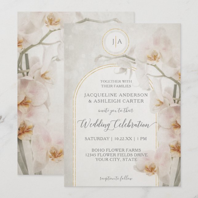 Elegant Orchid Gold Arch Muted Neutral Monogram In Invitation (Front/Back)