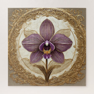 Elegant Orchid in Intricate Golden Frame Jigsaw Puzzle