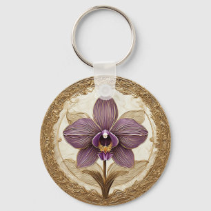 Elegant Orchid in Intricate Golden Frame Key Ring