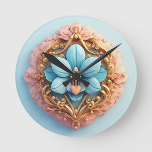 Elegant Orchid in Intricate Golden Frame Round Clock