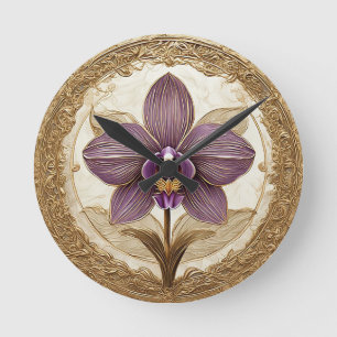 Elegant Orchid in Intricate Golden Frame Round Clock