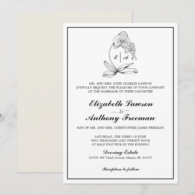 Elegant Orchid Monogram Formal Wedding Invitation (Front/Back)