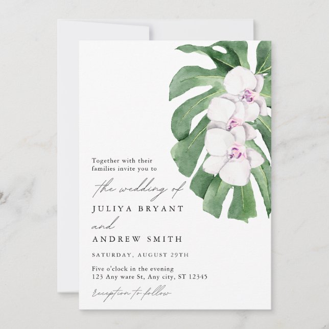 Elegant Orchid on Tropical leaf script wedding Invitation (Front)