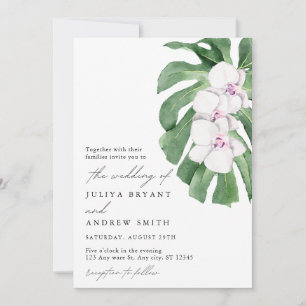 Elegant Orchid on Tropical leaf script wedding Invitation
