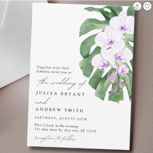 Elegant Orchid on Tropical leaf script wedding Invitation