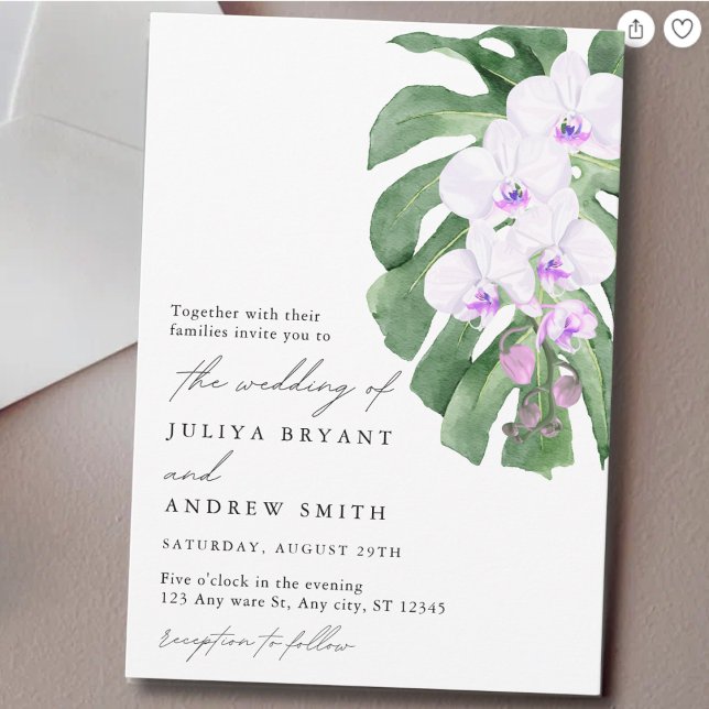 Elegant Orchid on Tropical leaf script wedding Invitation (Creator Uploaded)
