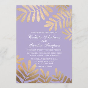 Elegant Orchid Purple Gold Leaves Wedding Invitation