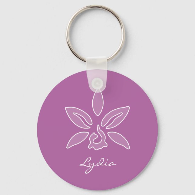 Elegant Orchid Simple Bold Purple Flower With Name Key Ring (Front)