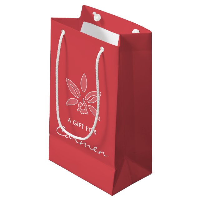 Elegant Orchid Simple Hot Red Flower With Name Small Gift Bag (Front Angled)