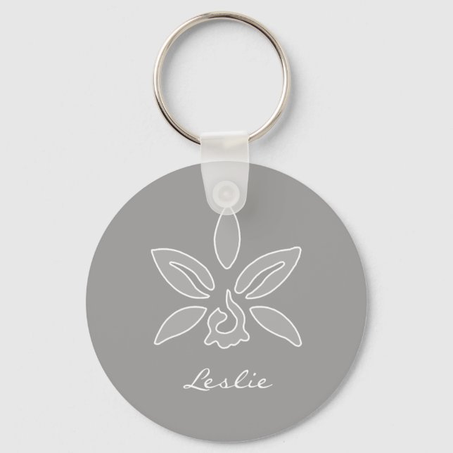 Elegant Orchid Simple Rich Grey Flower With Name Key Ring (Front)