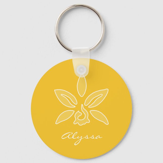 Elegant Orchid Simple Rich Yellow Flower With Name Key Ring (Front)