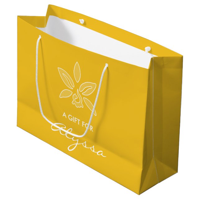 Elegant Orchid Simple Rich Yellow Flower With Name Large Gift Bag (Front Angled)