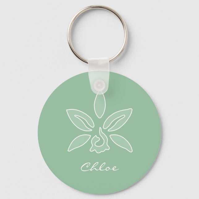Elegant Orchid Simple Spring Green Flower and Name Key Ring (Front)