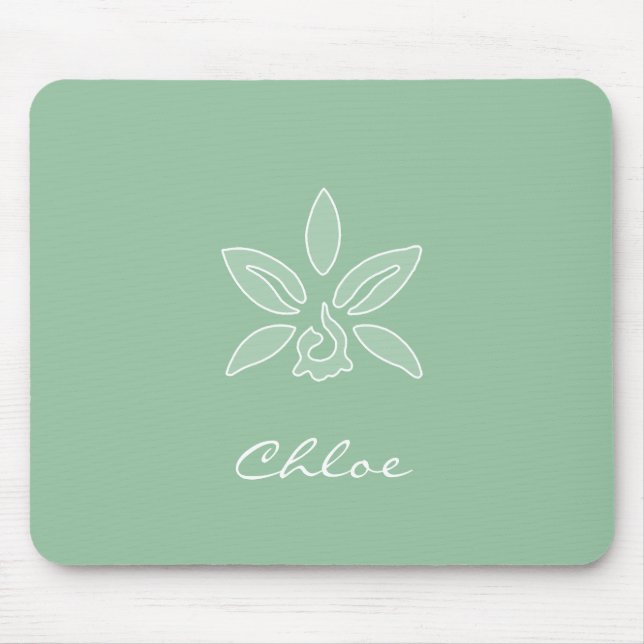 Elegant Orchid Simple Spring Green Flower and Name Mouse Mat (Front)