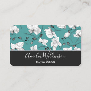 Elegant orchids black & white floral delicate teal business card