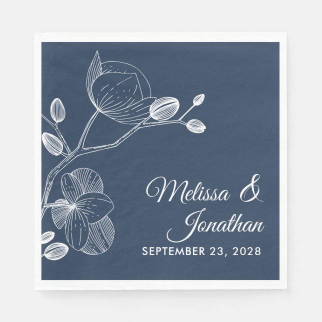 Elegant orchids floral modern blue wedding napkin (Front)