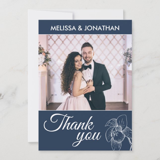 Elegant orchids floral modern blue wedding photo thank you card (Front)