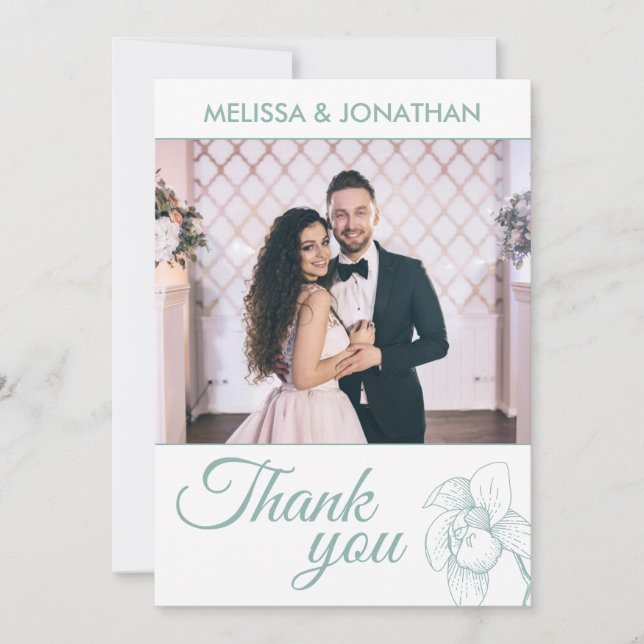 Elegant orchids floral modern green wedding photo thank you card (Front)