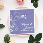 Elegant orchids floral modern purple wedding napki napkin<br><div class="desc">Elegant and romantic wedding paper napkins featuring a beautiful and delicate white orchids line drawing design on one side, over an elegant contemporary periwinkle purple background. Easily edit the template fields to add the bride and groom names in a classy white script, and your wedding date in a modern all-caps...</div>