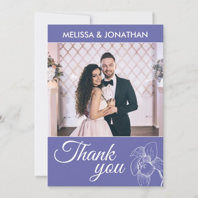 Elegant orchids floral modern purple wedding photo thank you card (Front)