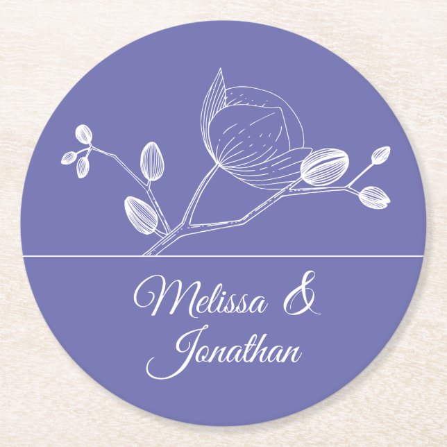 Elegant orchids floral modern purple wedding  roun round paper coaster (Front)