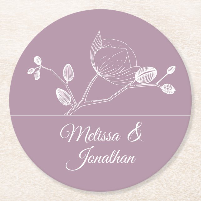 Elegant orchids floral modern purple wedding  round paper coaster (Front)