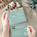 Elegant orchids mint green floral QR Code wedding All In One Invitation<br><div class="desc">Create the perfect Wedding suite with this romantic and delicate all-in-one wedding invitation featuring a sophisticated orchids line drawing over a contemporary solid light mint green background. Easily edit the template fields to add the bride and groom names and your date and location details in classy and elegant white fonts....</div>