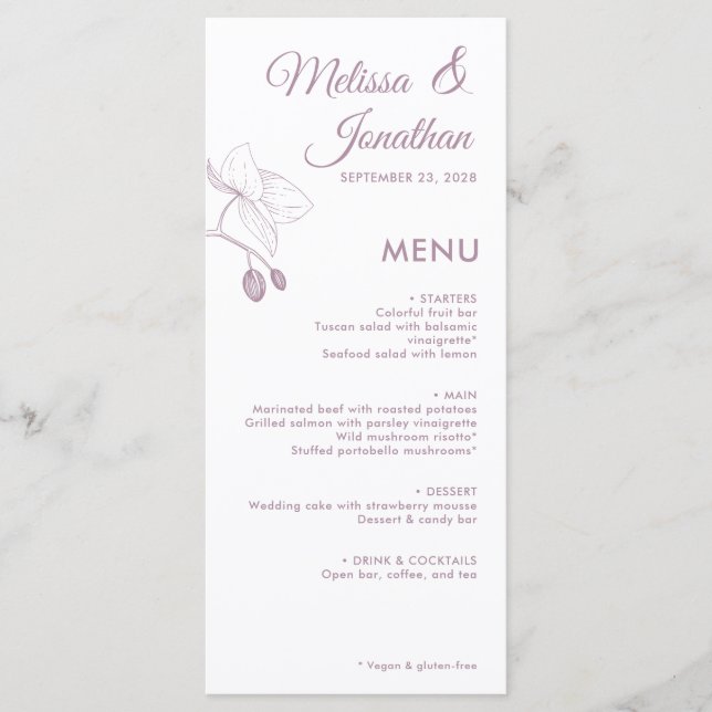 Elegant orchids romantic floral modern wedding menu (Front)