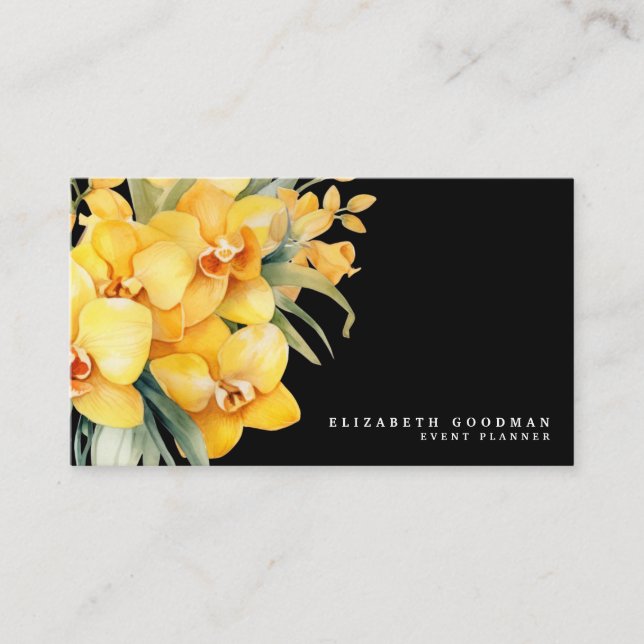 Elegant Orchids Yellow and Black Business Cards (Front)