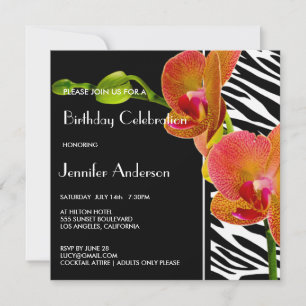 Elegant Orchids Zebra Print Birthday Party Invites