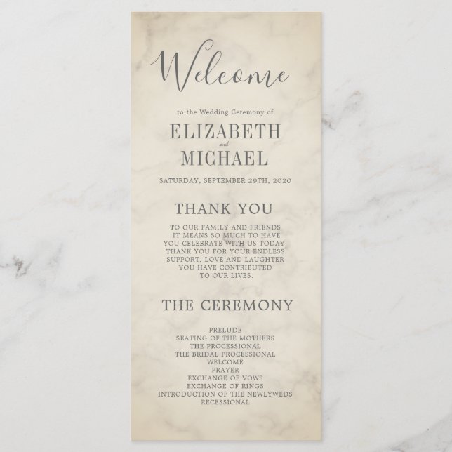 Elegant Order of Service  Tropical Marble Wedding Menu (Front)